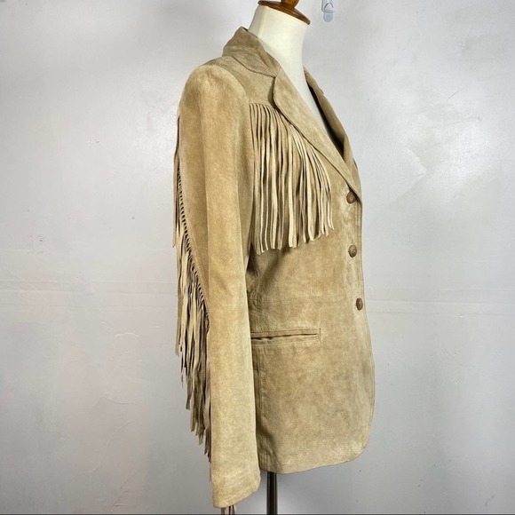 Vintage Jackets & Blazers - Vintage XOXO Tan leather fringe blazer coat